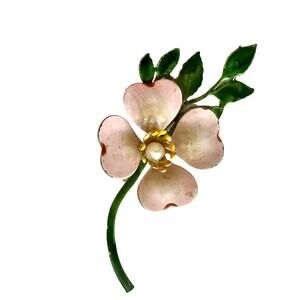 Vintage Original By Robert Pink Enamel Faux Pearl Dogwood Flower Pin Signed